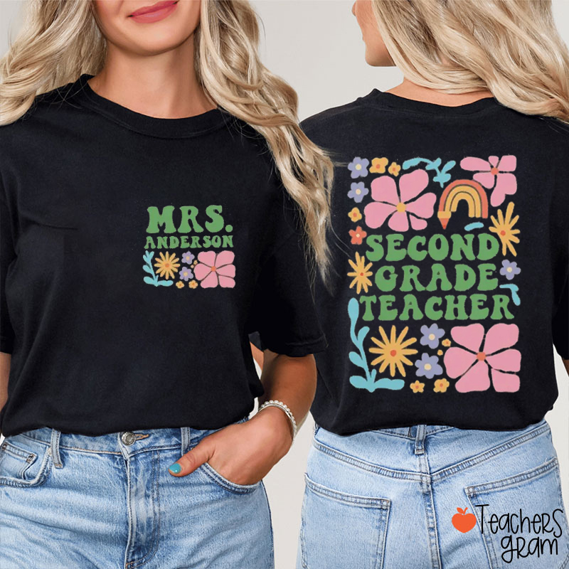 Personalized Name And Grade Boho Floral Teacher Two Sided T-Shirt
