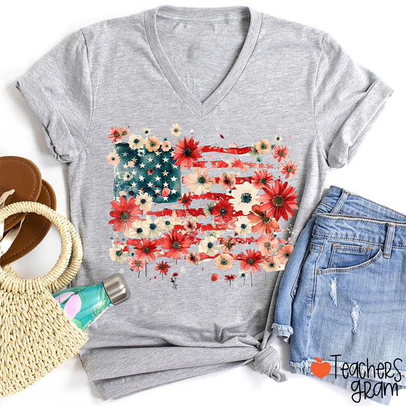 American Flag Floral Teacher Female V-Neck T-Shirt