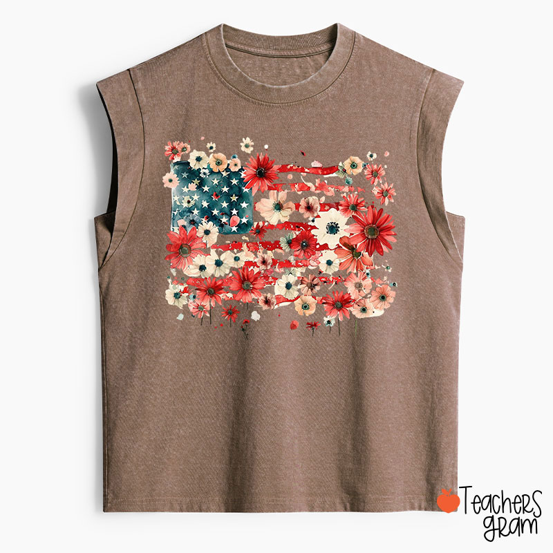 American Flag Floral Teacher Washed Tank Top