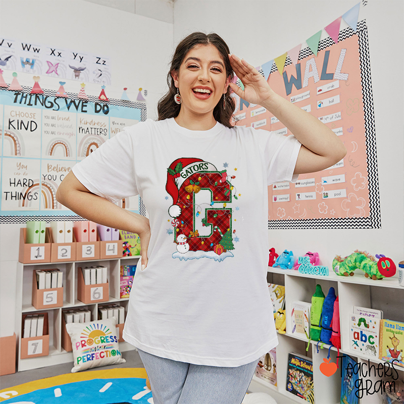 Personalized Name And Initial Christmas Plaid Fabric Teacher T-Shirt