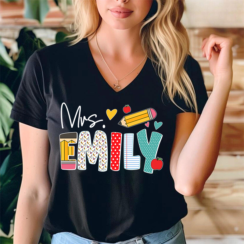 Personalized Teacher's Name Cute Pencil Icon Teacher Female V-Neck T-Shirt