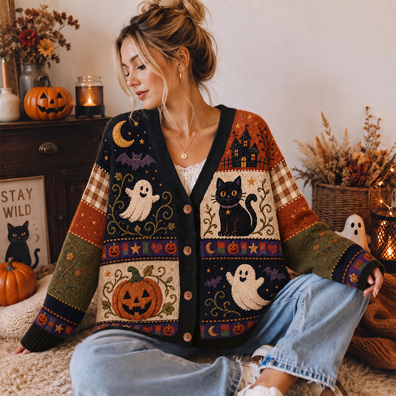 Halloween Ghost Pumpkin Black Cat Haunted House Plaid Teacher Ugly Cardigan Sweaters