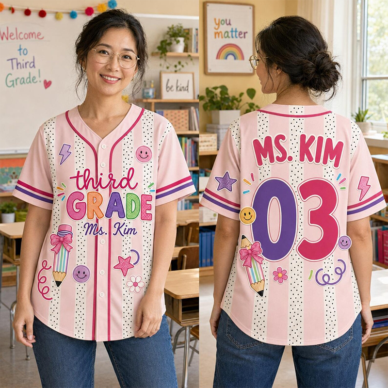 Personalized Grade Striped Polka Dot Stationery Print Teacher Baseball Jersey