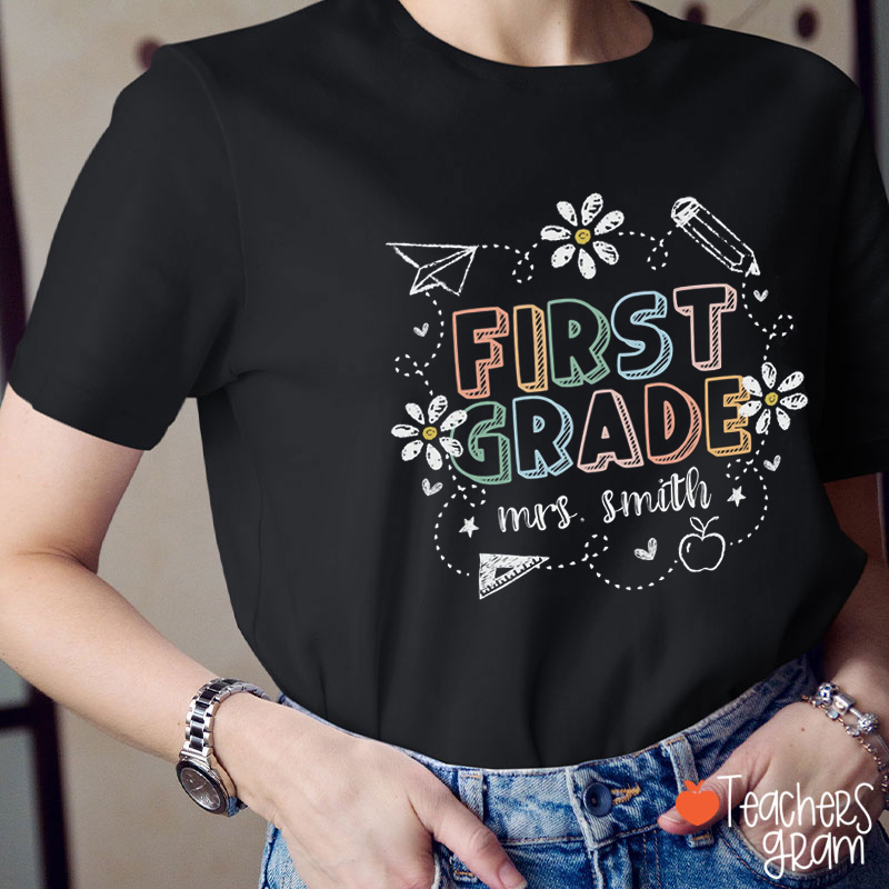 Personalized Name And Grade Pencil Flower Teacher T-Shirt