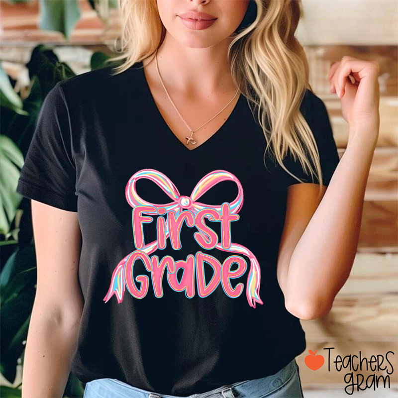 Personalized Grade Pink Bow Teacher Female V-Neck T-Shirt