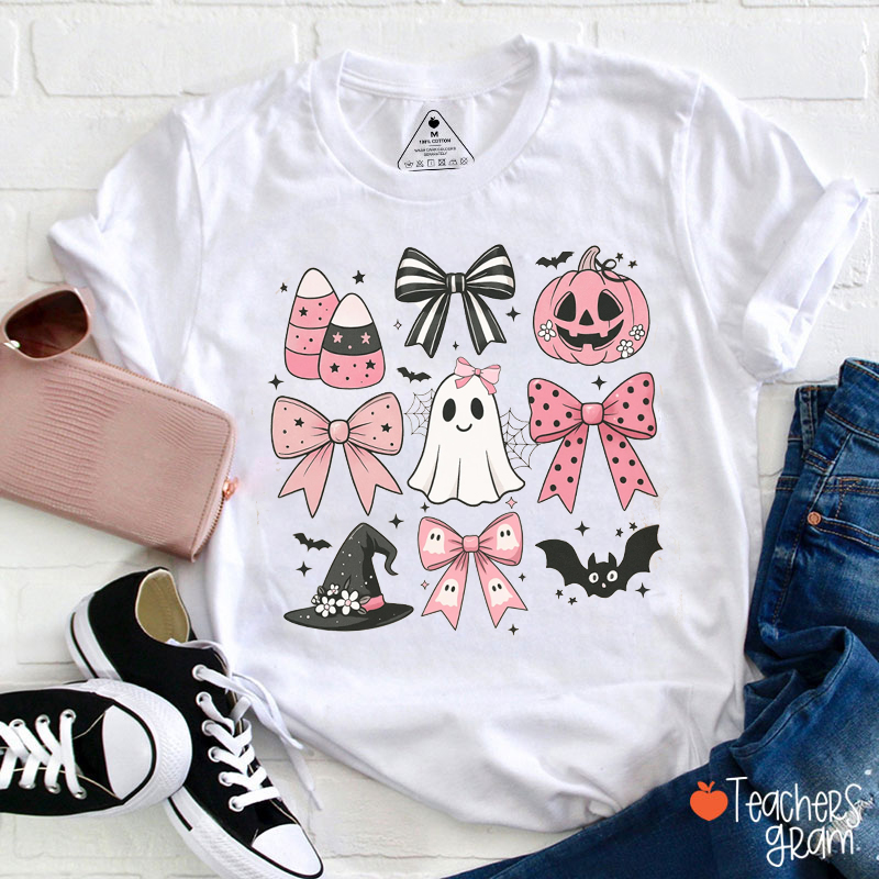 Pink Girly Bows Cute Ghost Teacher T-Shirt