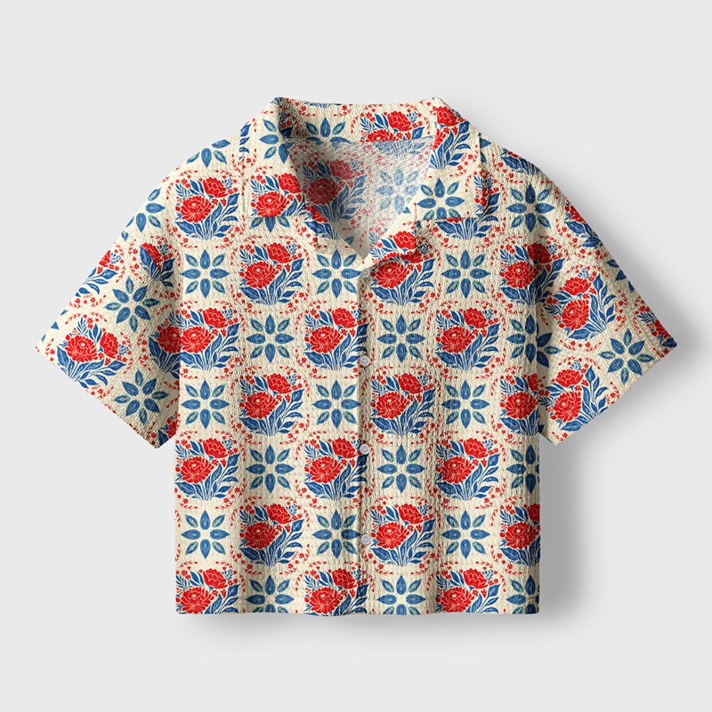 Boho Style Flowers Teacher Crochet Crop Camp Shirt