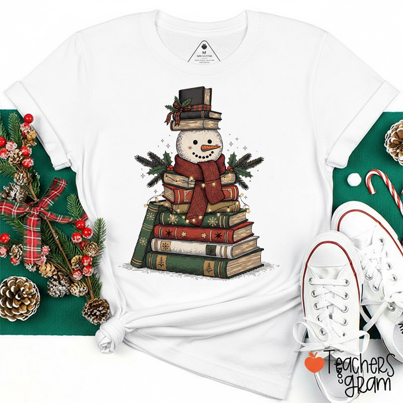 Christmas Snowman Book Tree Teacher T-Shirt