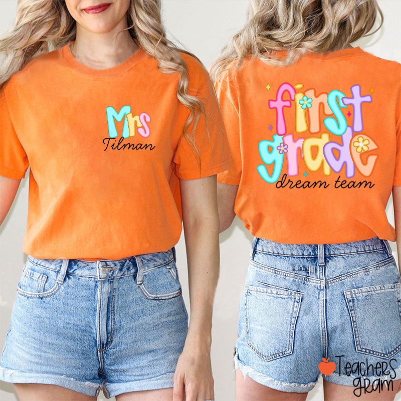 Personalized Grade And Name Candy Color Fonts Teacher Two Sided T-Shirt