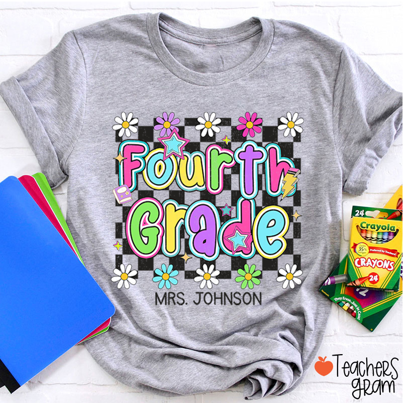 Personalized Name And Grade Checkered Flowers Teacher T-Shirt