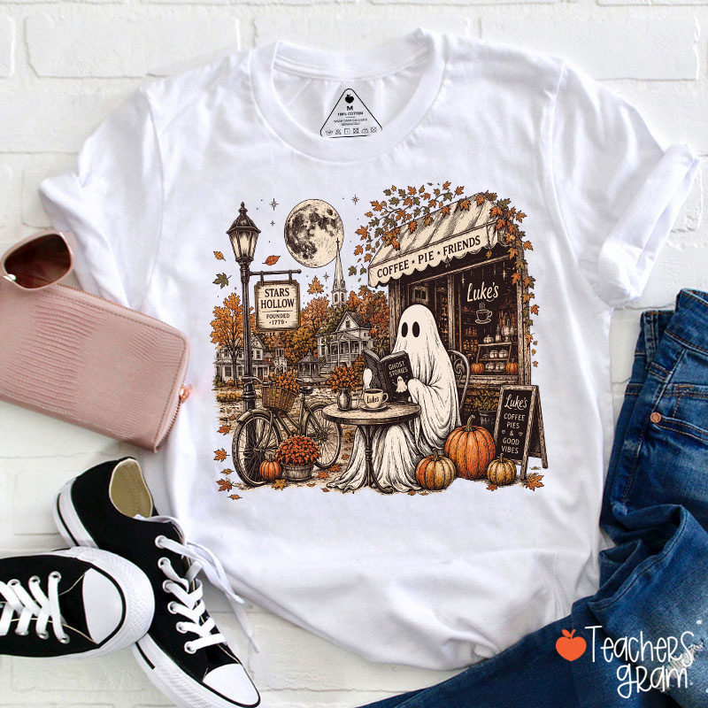 Ghost Reading At Coffee Shop Halloween Teacher T-Shirt