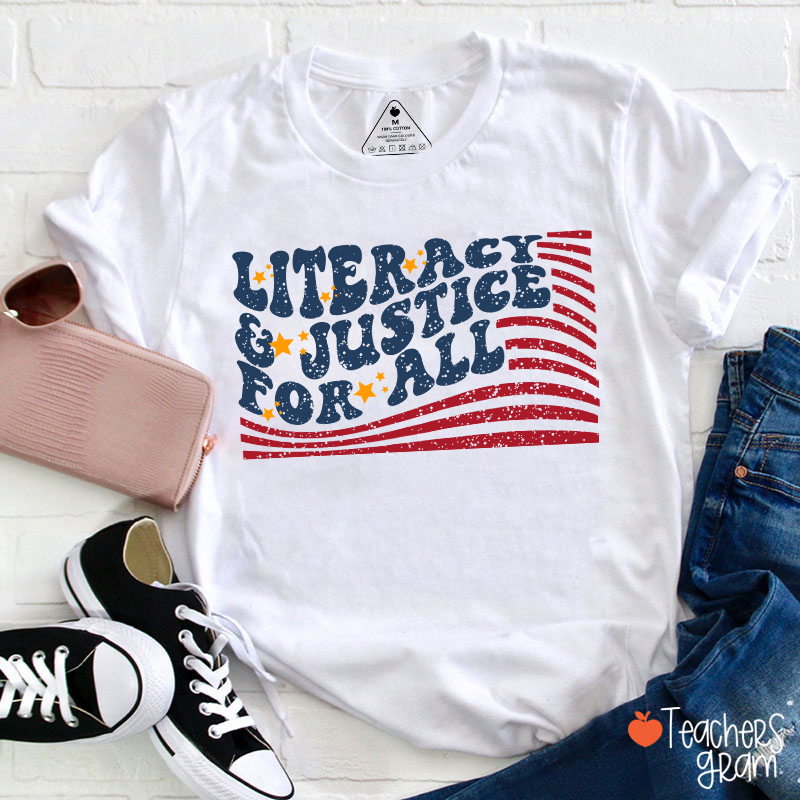 Flag Literacy And Justice For All Teacher T-Shirt Sale-Teachersgram