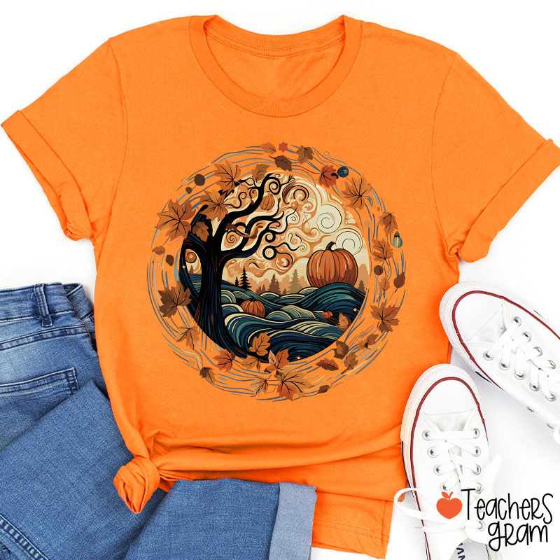 Cottagecore Pumpkins Leaves Trees Fall Vibe Teacher T-Shirt