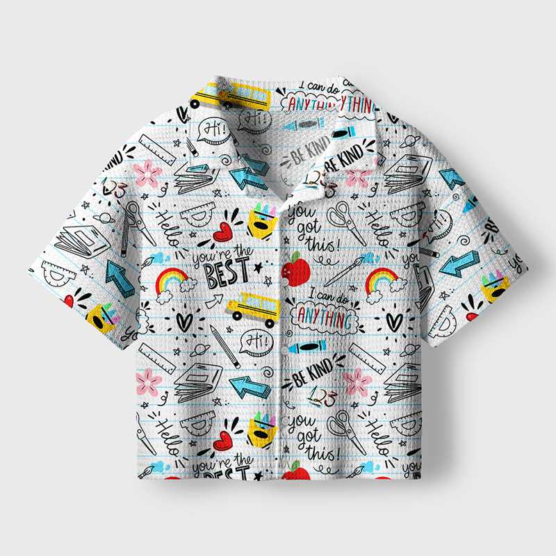 Cartoon Stationery Teacher Crochet Crop Camp Shirt