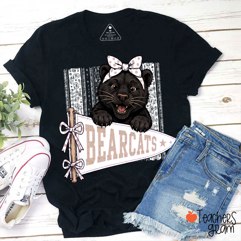 Personalized Mascot Bow Pennant Paisley Striped Graphic Teacher T‑Shirt