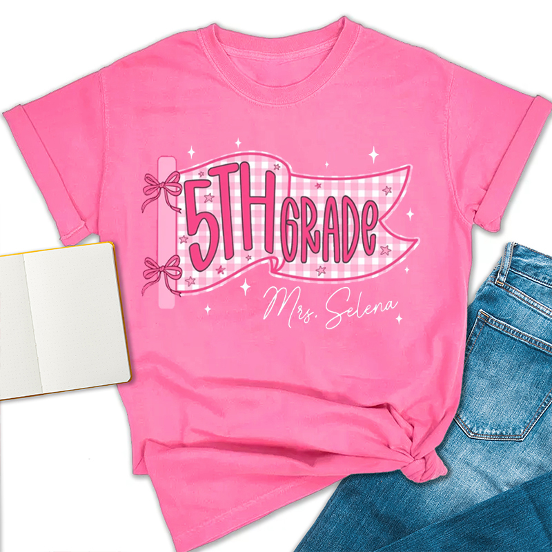 Personalized Name And Grade Gingham Pennant Bow Star Teacher T-Shirt