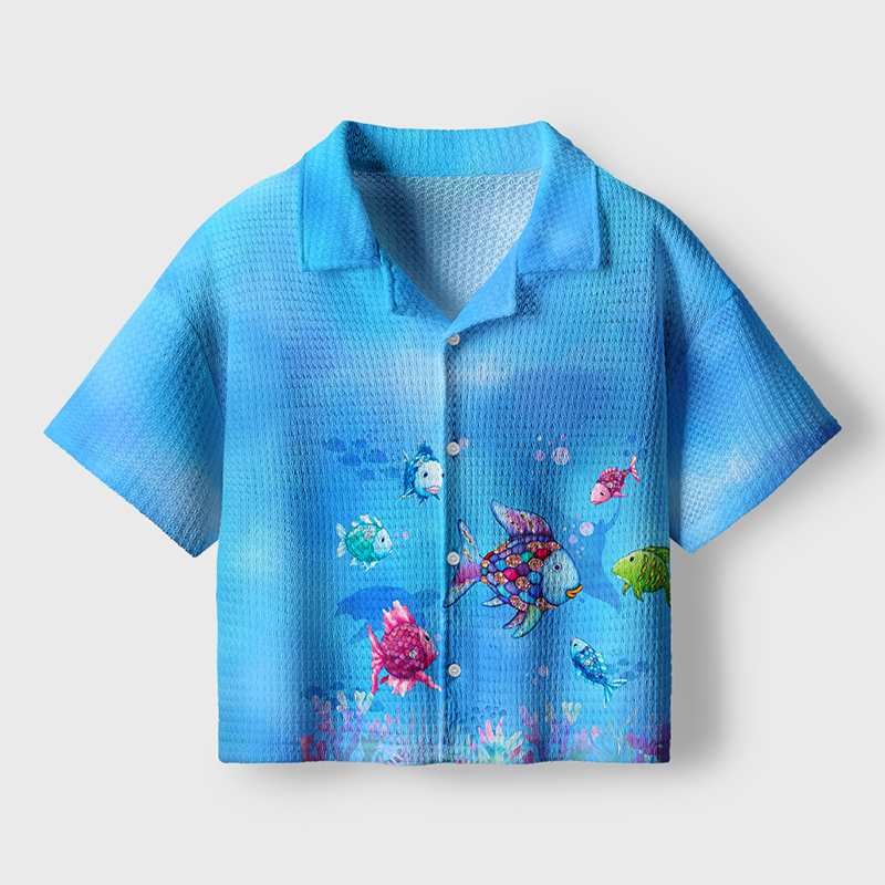 Colorful Fish Teacher Crochet Crop Camp Shirt
