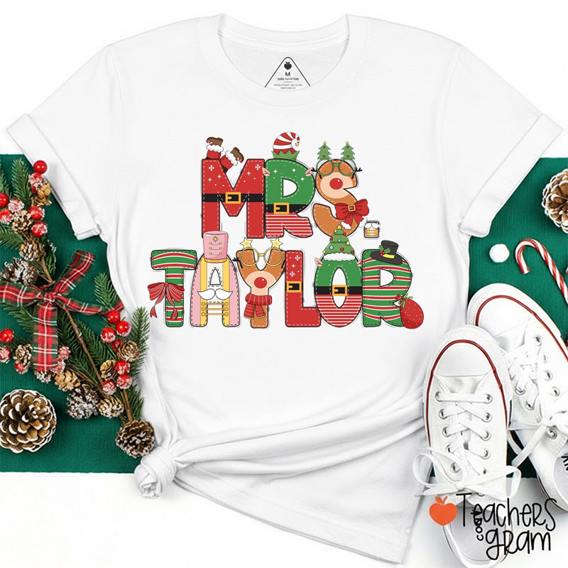 Personalized Name Reindeer Elves Christmas Vibes Teacher T-Shirt