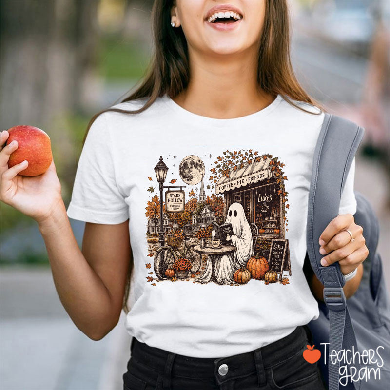 Ghost Reading At Coffee Shop Halloween Teacher T-Shirt