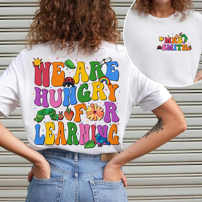 Personalized Teacher's Name Caterpillar Cartoon Icon Teacher Two Sided T-Shirt