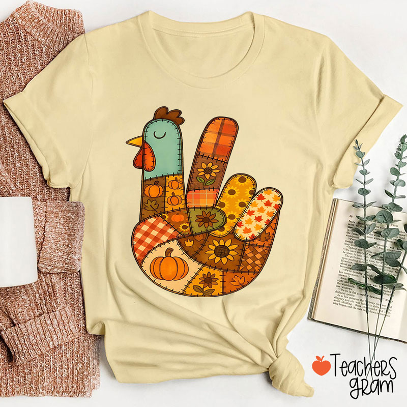Retro Patchwork Turkey Teacher T-Shirt