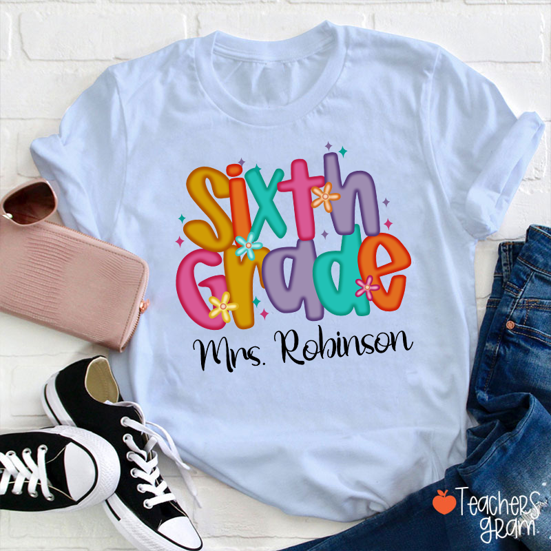 Personalized Name And Grade Candy Font Teacher T-Shirt