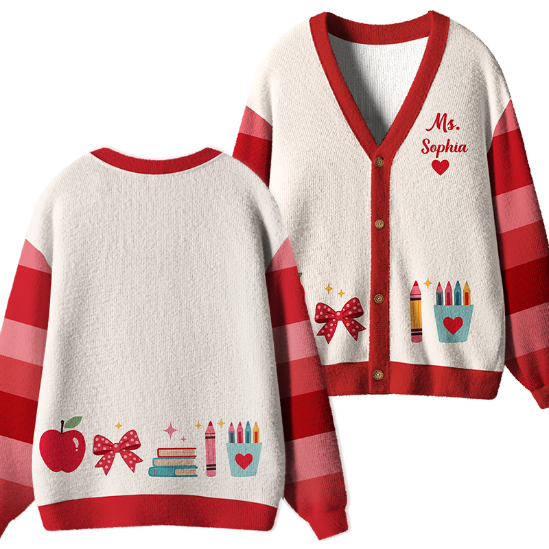Personalized Name Apple Book Pencil Teacher Ugly Cardigan Sweaters