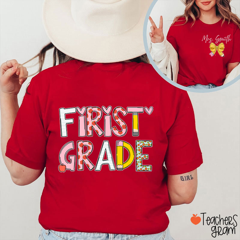Personalized Grade Stationery  Heart Apple Pencil Teacher Two Sided T-Shirt