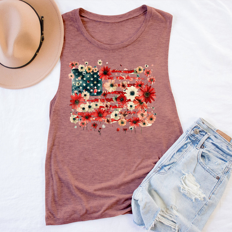 American Flag Floral Teacher Tank Top