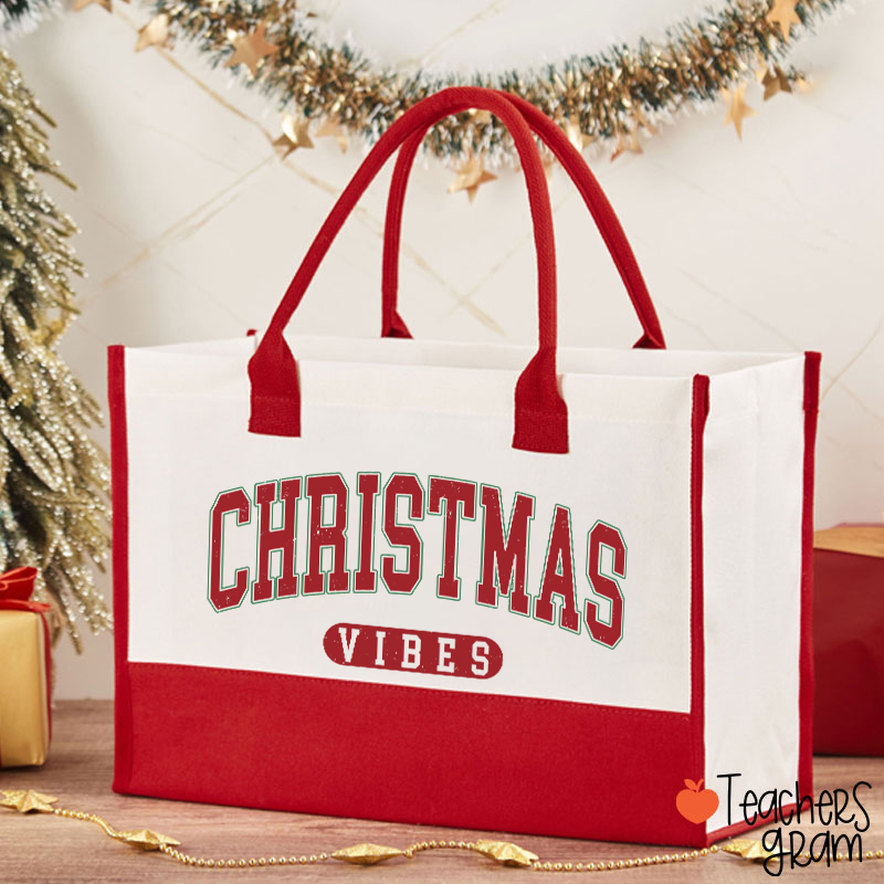 Retro Style Christmas Vibes Teacher Cotton Tote Bag