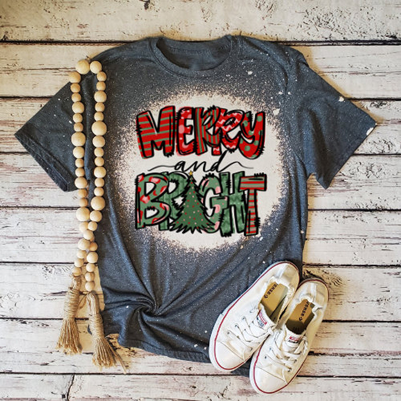 Merry And Bright Christmas Tree Teacher Printed T-Shirt