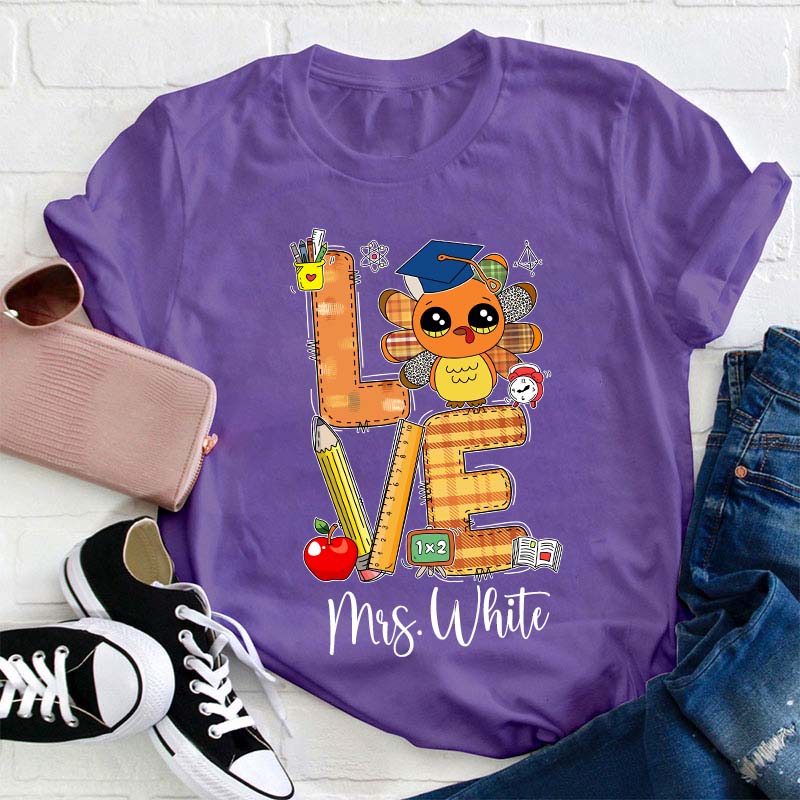 Personalized Name Thankful Cute Turkey Teacher T-Shirt