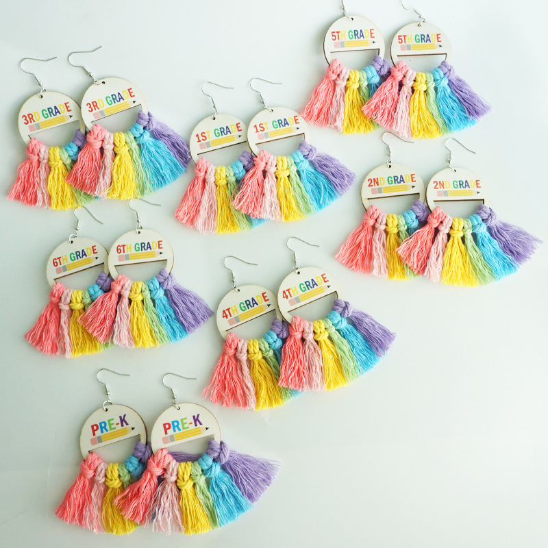 Grade Tassel Rainbow Teacher Wooden Earrings