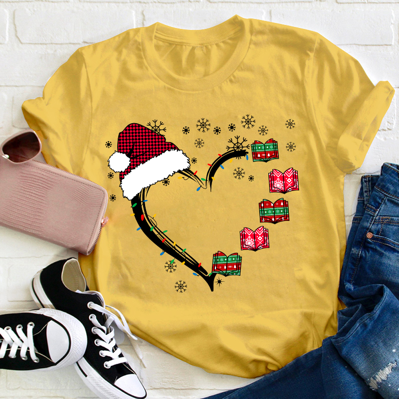 Christmas Books Heart Teacher T-Shirt