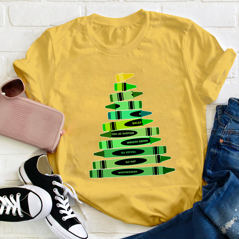 Green Crayon Christmas Tree Teacher T-Shirt