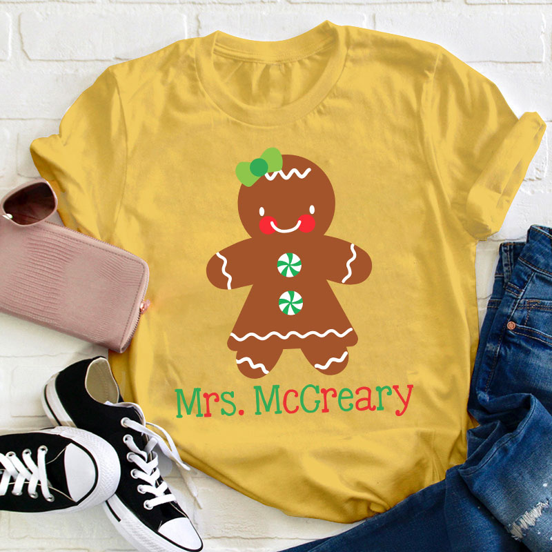 Personalized Name Cute Christmas Gingerbread Teacher T-Shirt