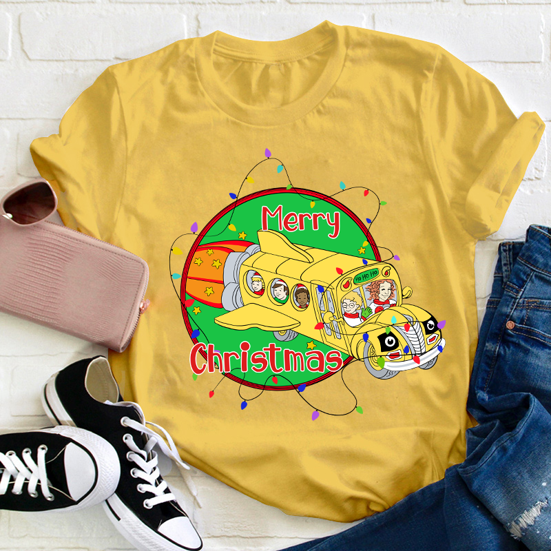 School Bus Merry Christmas Teacher T-Shirt
