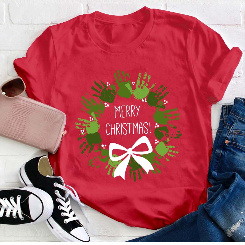 Cute Hands Merry Christmas Teacher T-Shirt