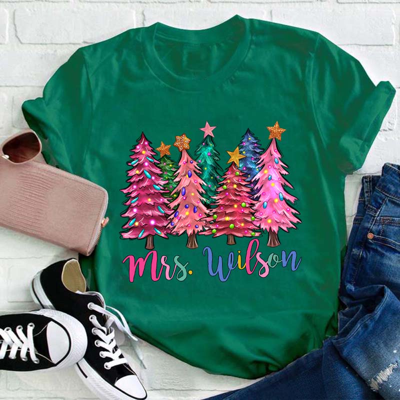 Personalized Name Colorful Christmas Trees Teacher T-Shirt