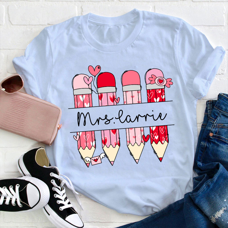 Personalized Pink Pencil Name Teacher T-Shirt