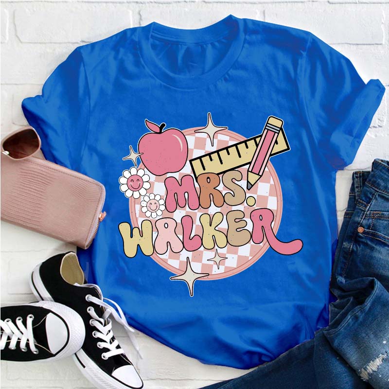 Personalized Pink Checkerboard Teacher T-Shirt