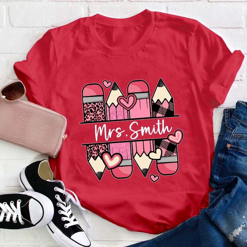 Personalized Name Pink Pencil Teacher T-Shirt