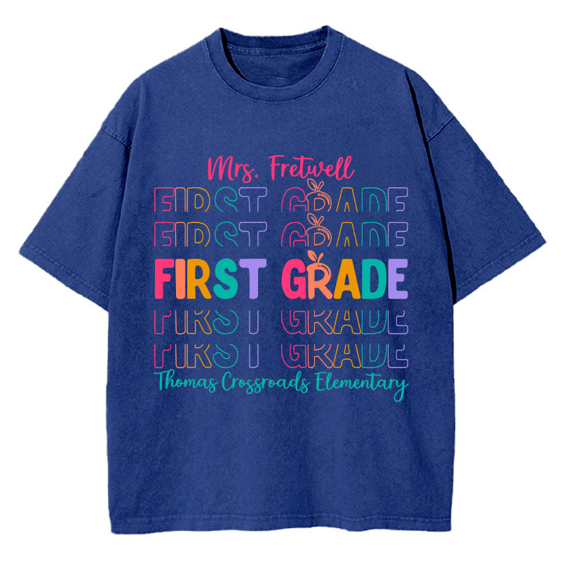 Personalized Colorful Apple Teacher Washed T-Shirt
