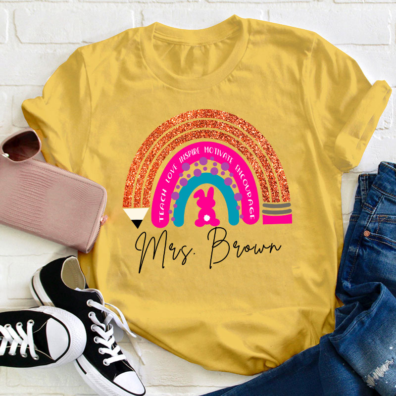 Personalized Name Easter Bunny Rainbow Teacher T-Shirt