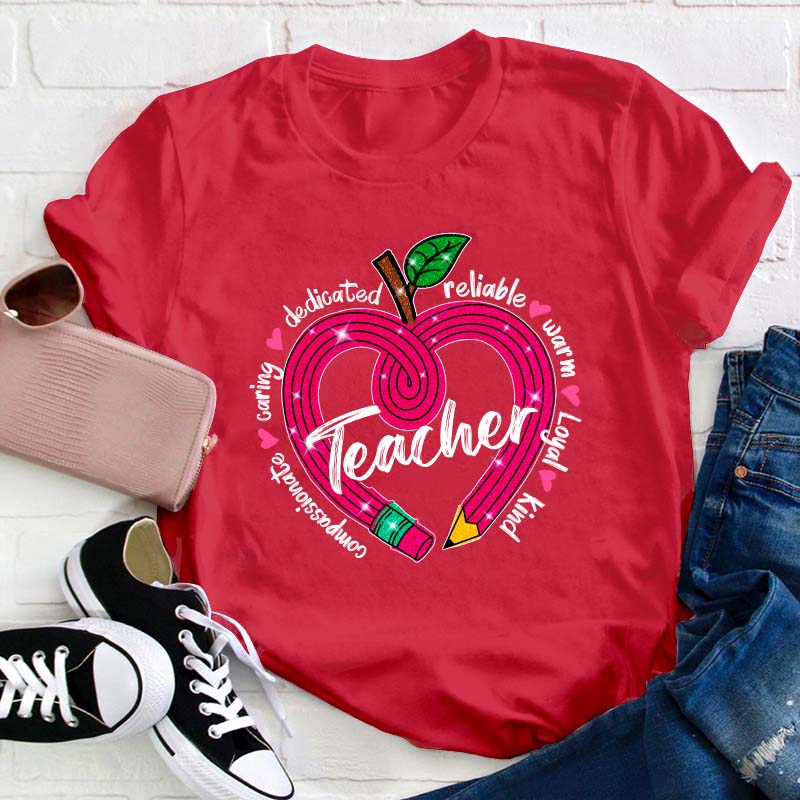 Glitter Apple Pencil Heart Teacher T-Shirt