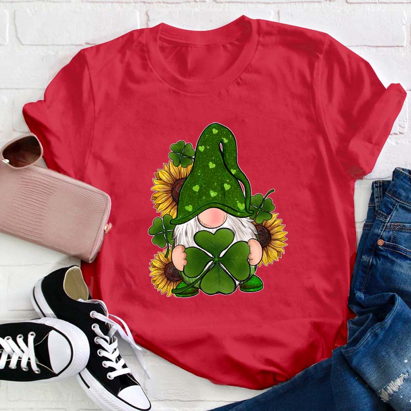 St. Patricks Day Gnome With Sunflowers Teacher T-Shirt