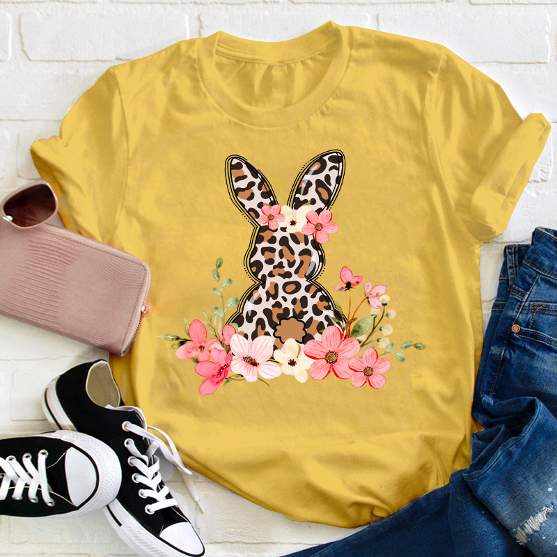 Leopard Floral Bunny Teacher T-Shirt