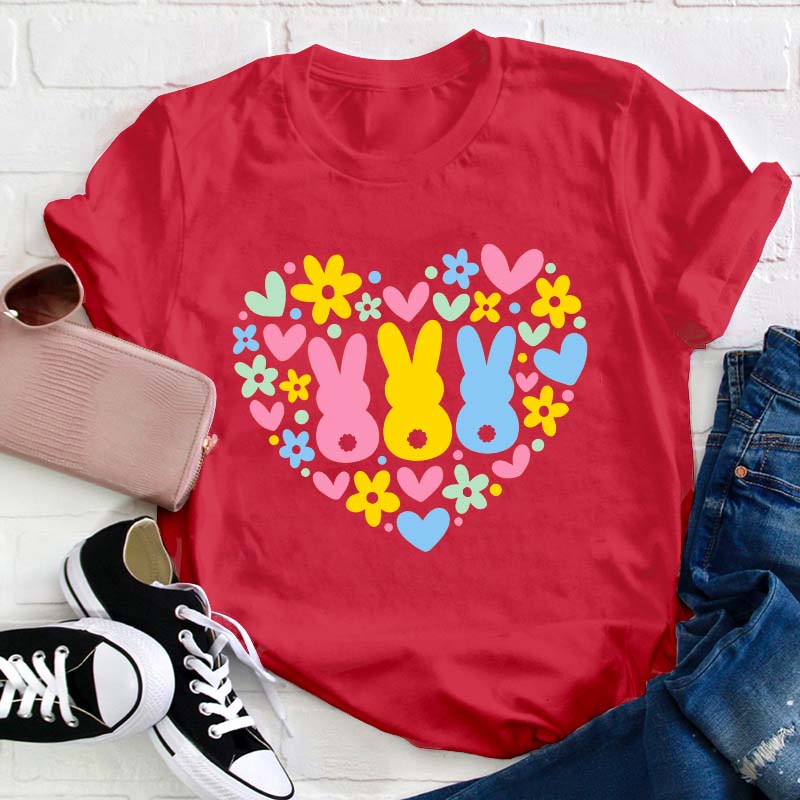 Floral Bunnies Heart Teacher T-Shirt