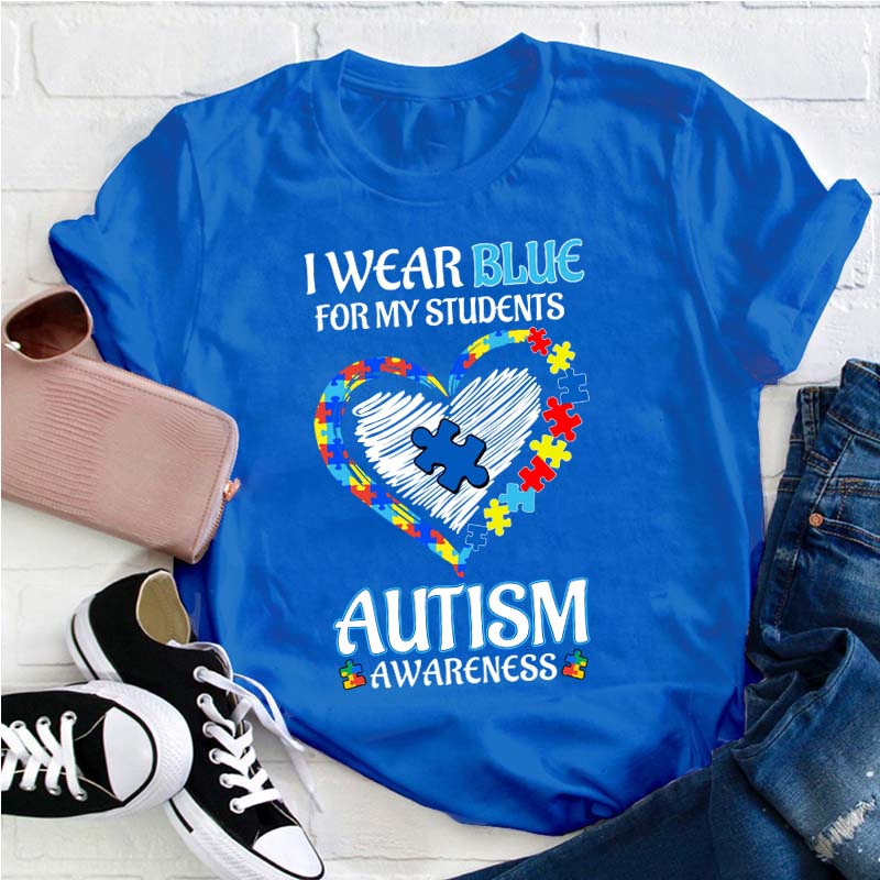 I Wear Blue For Autism Awareness Teacher T-Shirt Sale-Teachersgram