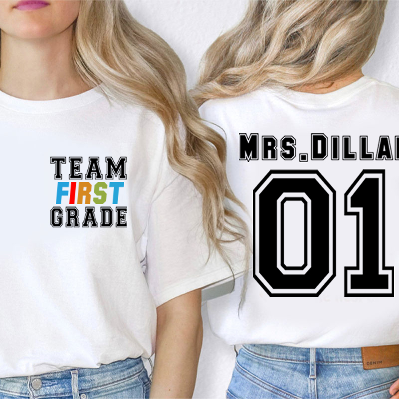 Personalized Retro Team Grade Teacher Two Sided T-Shirt